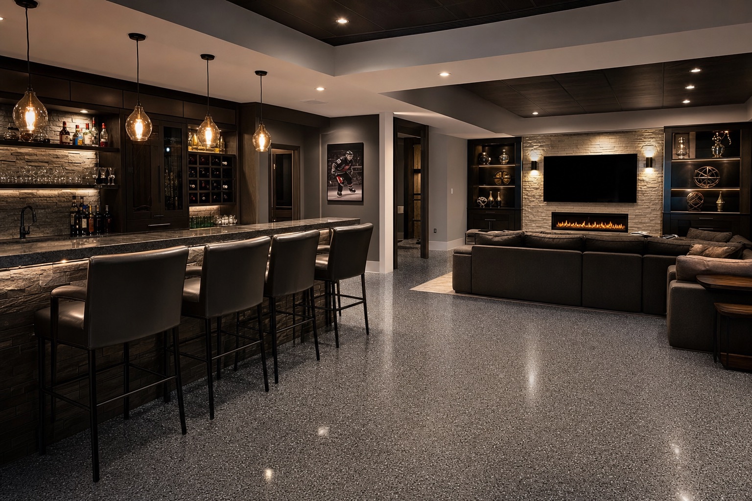 Polished Basement Lounge — epoxy floor by Naperville Painting & Epoxy Flooring