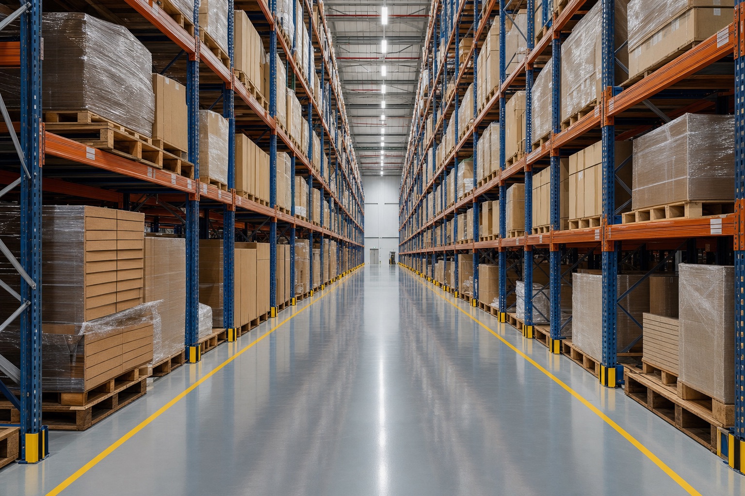A long warehouse aisle with tall pallet racking and a glossy gray epoxy floor with yellow safety striping, by Naperville Painting & Epoxy Flooring