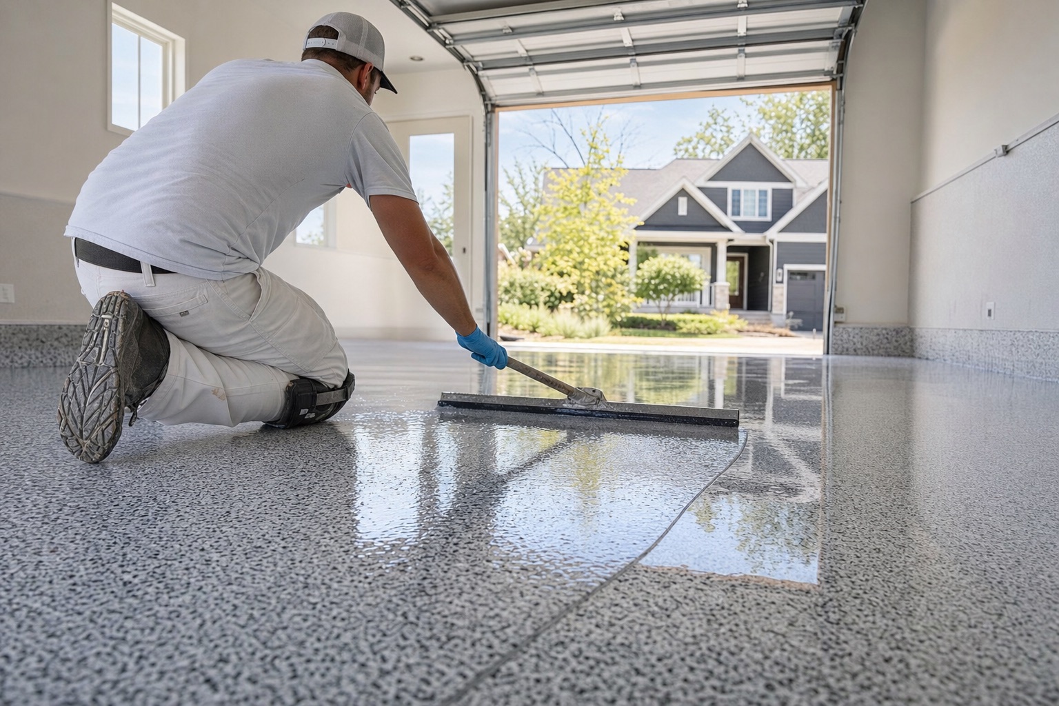 A Naperville Painting & Epoxy Flooring installer pulling a glossy clear topcoat across a fresh flake epoxy garage floor with a squeegee