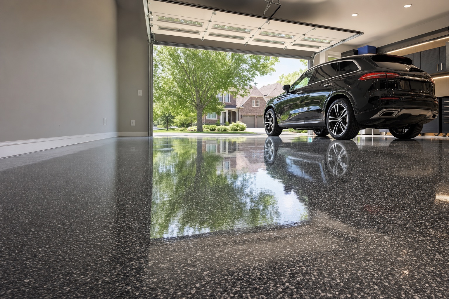 Low-angle view of a glossy flake epoxy garage floor with a luxury SUV and a leafy suburban view, by Naperville Painting & Epoxy Flooring