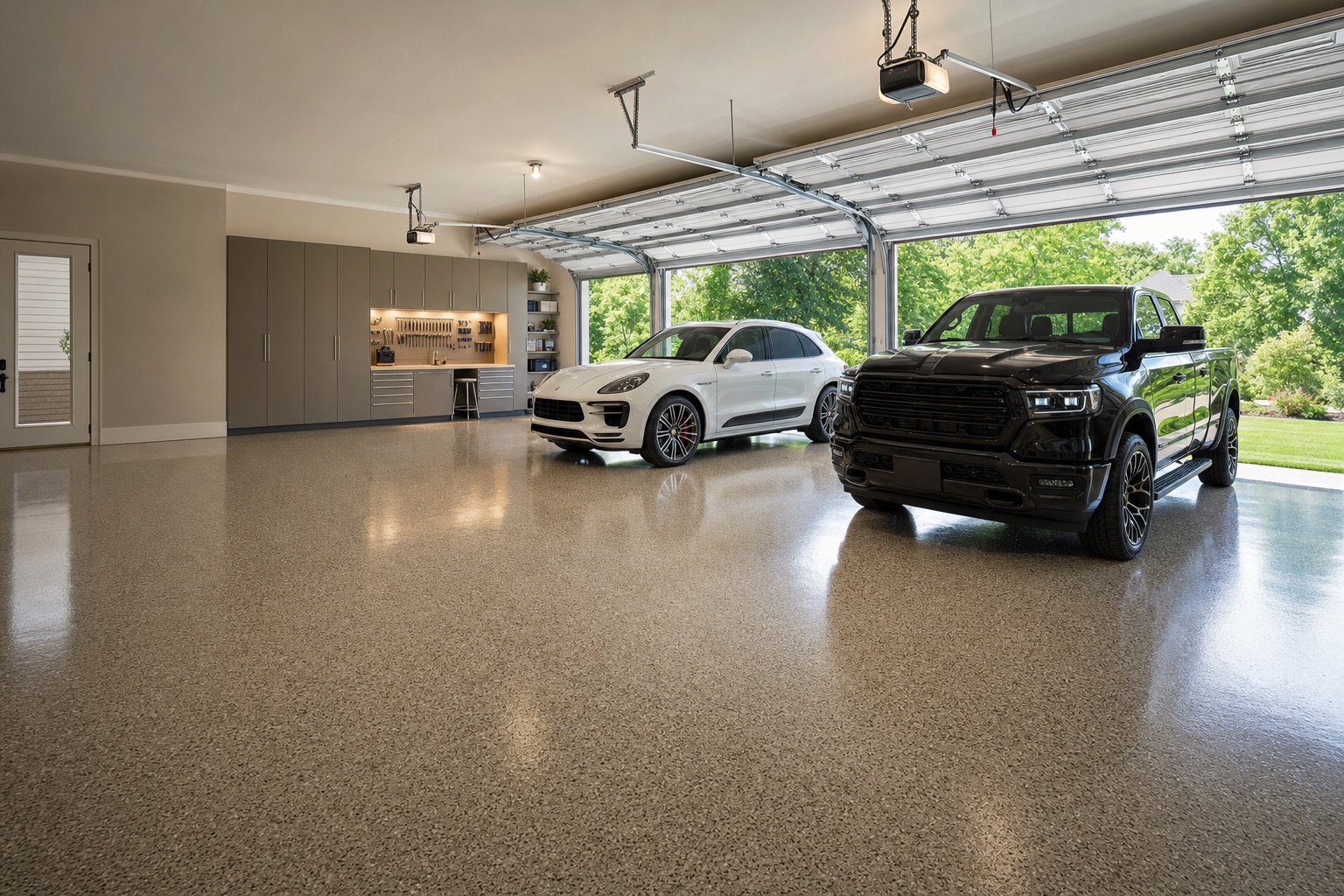 A pickup truck and a white sports car on a glossy tan flake epoxy floor in a spacious suburban three-car garage by Naperville Painting & Epoxy Flooring