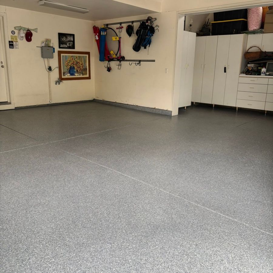 After epoxy: gray flake epoxy garage floor coating by Naperville Painting & Epoxy Flooring